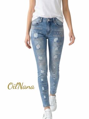 Venus Skinny Jeans Womens 4 Blue Excellent Studded Distressed Rhinestone Ripped